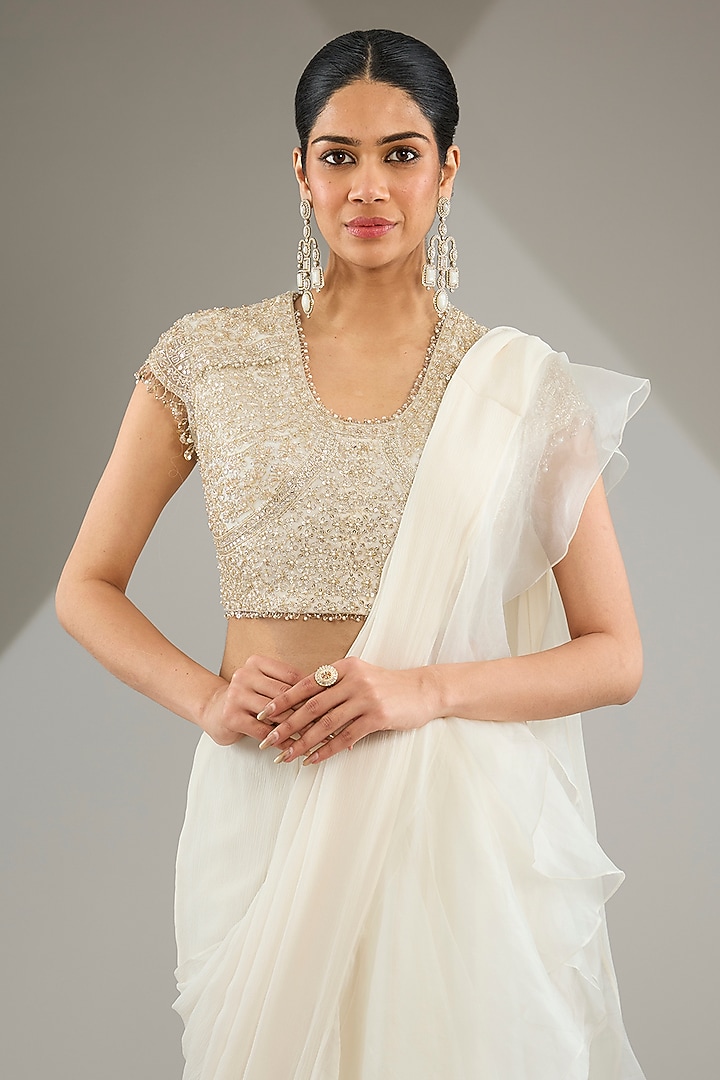 Ivory Chiffon Organza Draped Reception Saree Set by Ridhi Mehra at Pernia's Pop Up Shop