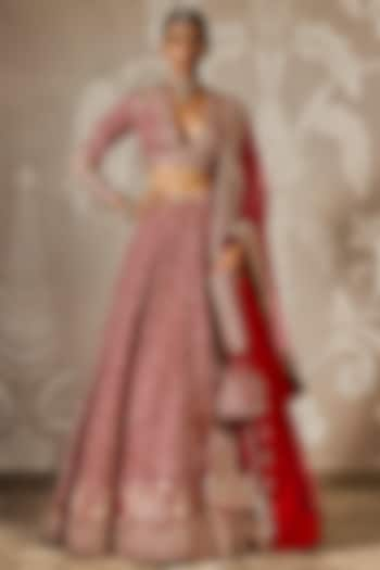 Red Raw Silk Embroidered Bridal Lehenga Set by Ridhi Mehra at Pernia's Pop Up Shop