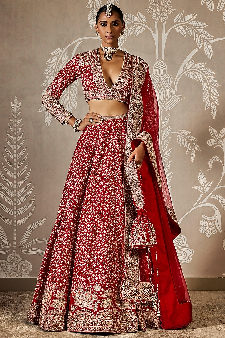 Red Raw Silk Embroidered Bridal Lehenga Set by Ridhi Mehra at Pernia's Pop Up Shop