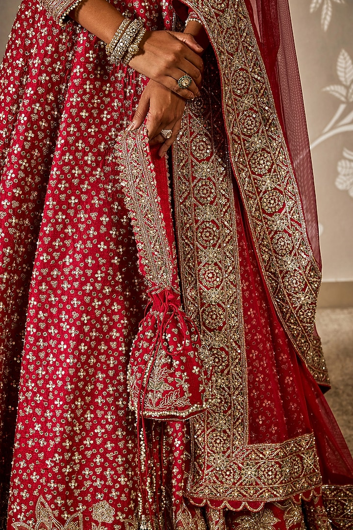 Red Raw Silk Embroidered Bridal Lehenga Set by Ridhi Mehra at Pernia's Pop Up Shop