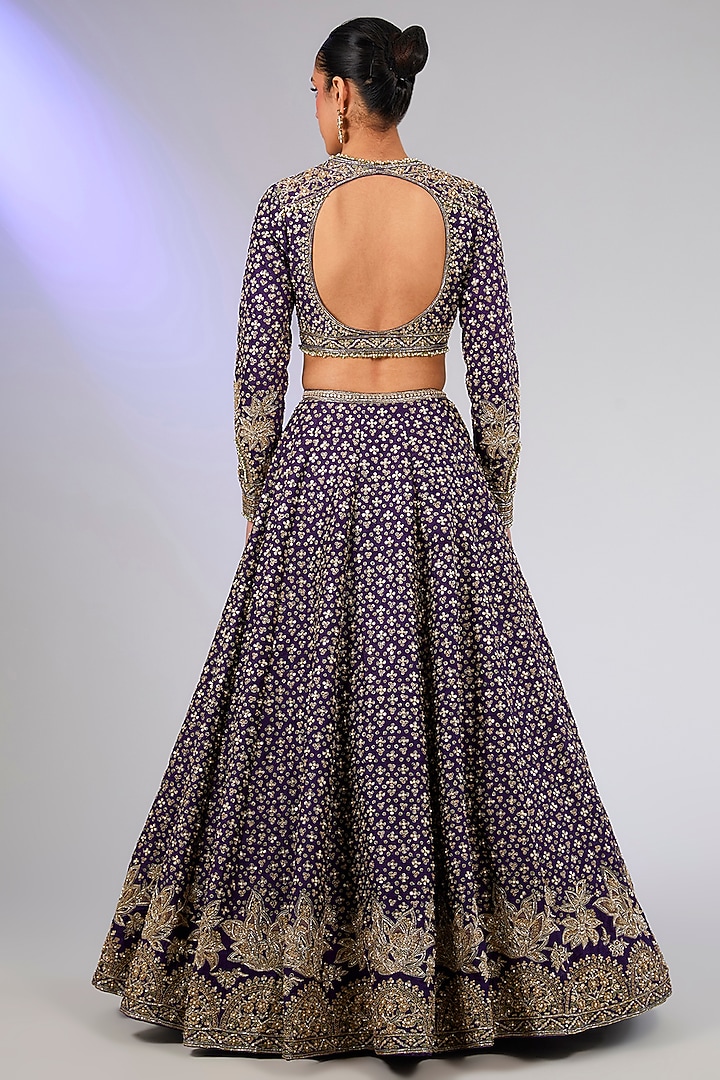 Purple Raw Silk Embroidered Bridal Lehenga Set by Ridhi Mehra at Pernia's Pop Up Shop