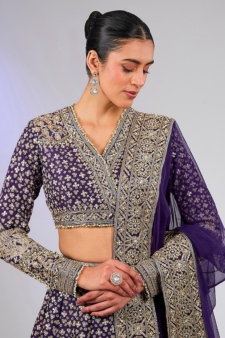 Purple Raw Silk Embroidered Bridal Lehenga Set by Ridhi Mehra at Pernia's Pop Up Shop