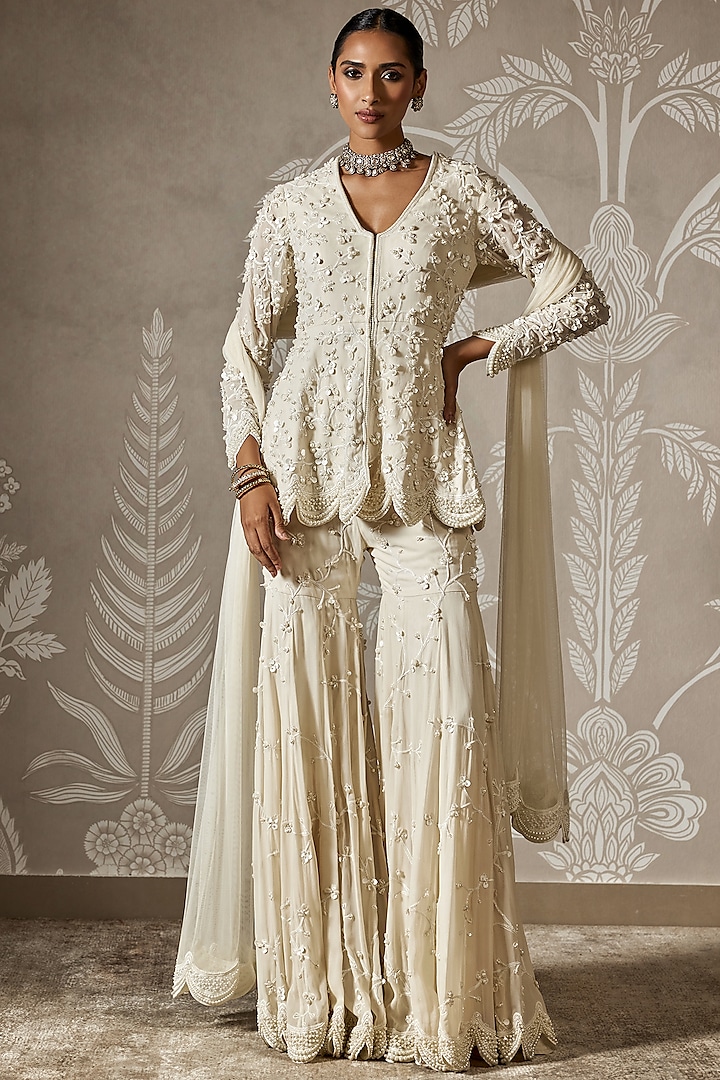 Ivory Georgette Gharara Set by Ridhi Mehra at Pernia's Pop Up Shop