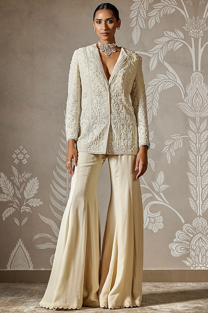 Ivory Georgette Embroidered Jacket Set by Ridhi Mehra at Pernia's Pop Up Shop