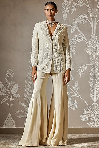 Ivory Georgette Embroidered Jacket Set by Ridhi Mehra