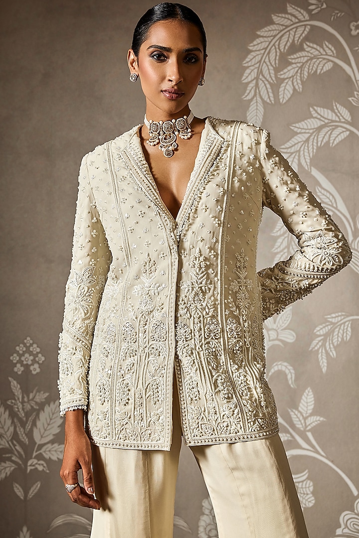 Ivory Georgette Embroidered Jacket Set by Ridhi Mehra at Pernia's Pop Up Shop