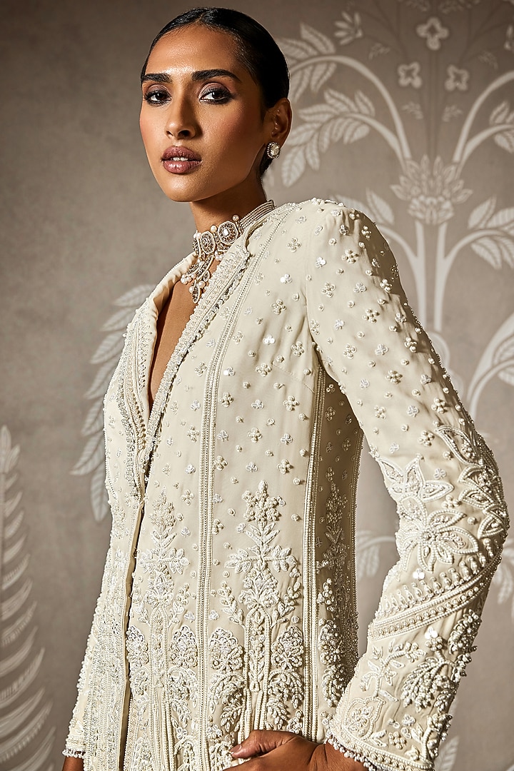 Ivory Georgette Embroidered Jacket Set by Ridhi Mehra at Pernia's Pop Up Shop