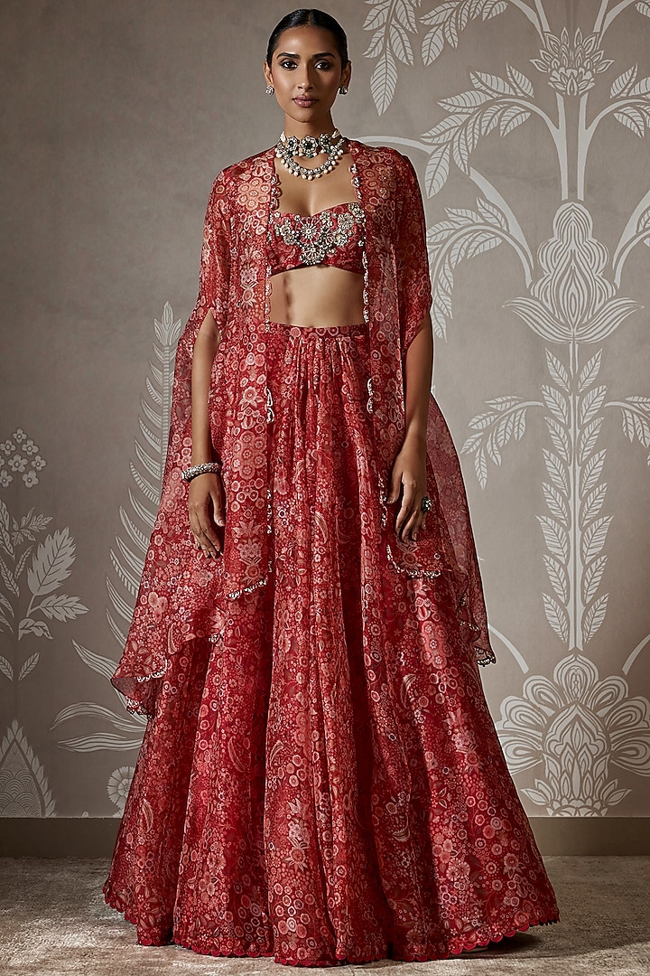 Red Organza Printed Wedding Lehenga Set by Ridhi Mehra at Pernia's Pop Up Shop