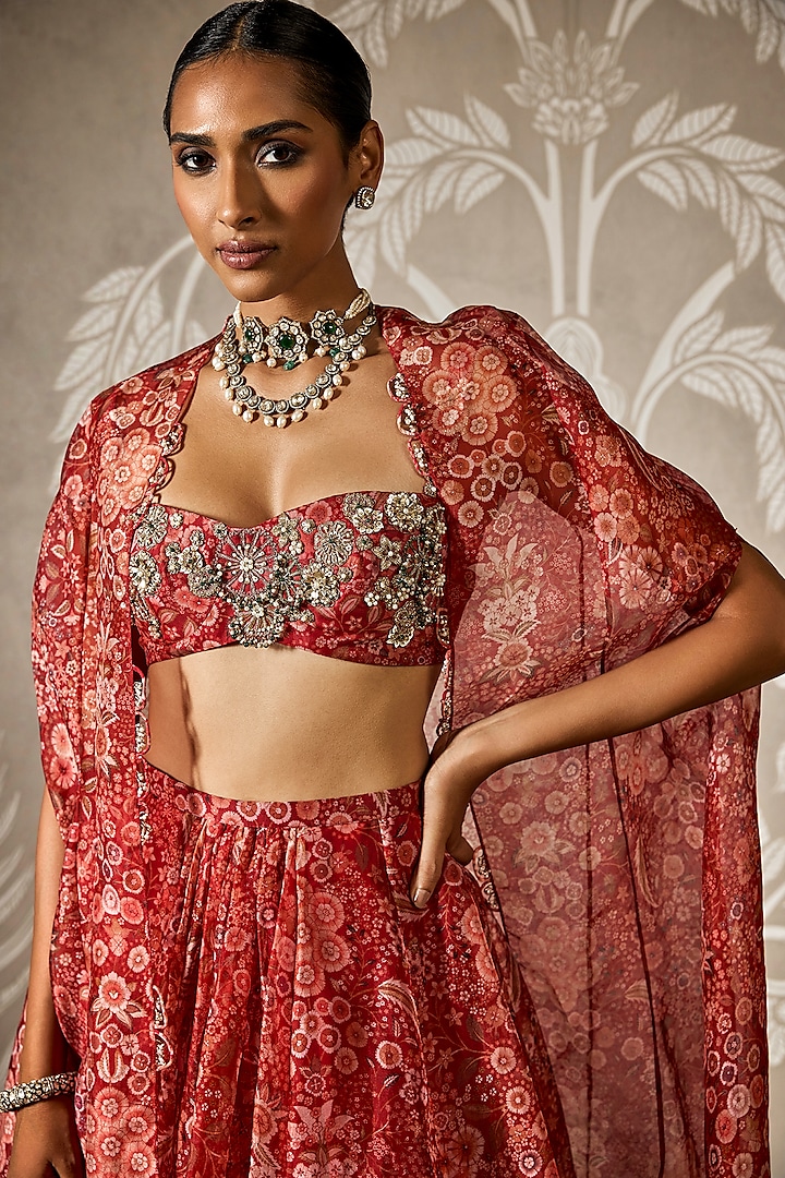 Red Organza Printed Wedding Lehenga Set by Ridhi Mehra at Pernia's Pop Up Shop