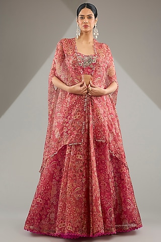 Fuchsia Pink Organza Printed & Embroidered Cape Set by Ridhi Mehra