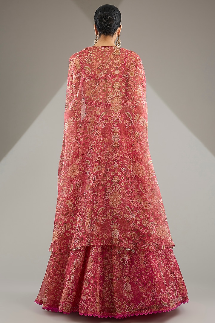 Fuchsia Pink Organza Printed & Embroidered Cape Set by Ridhi Mehra at Pernia's Pop Up Shop