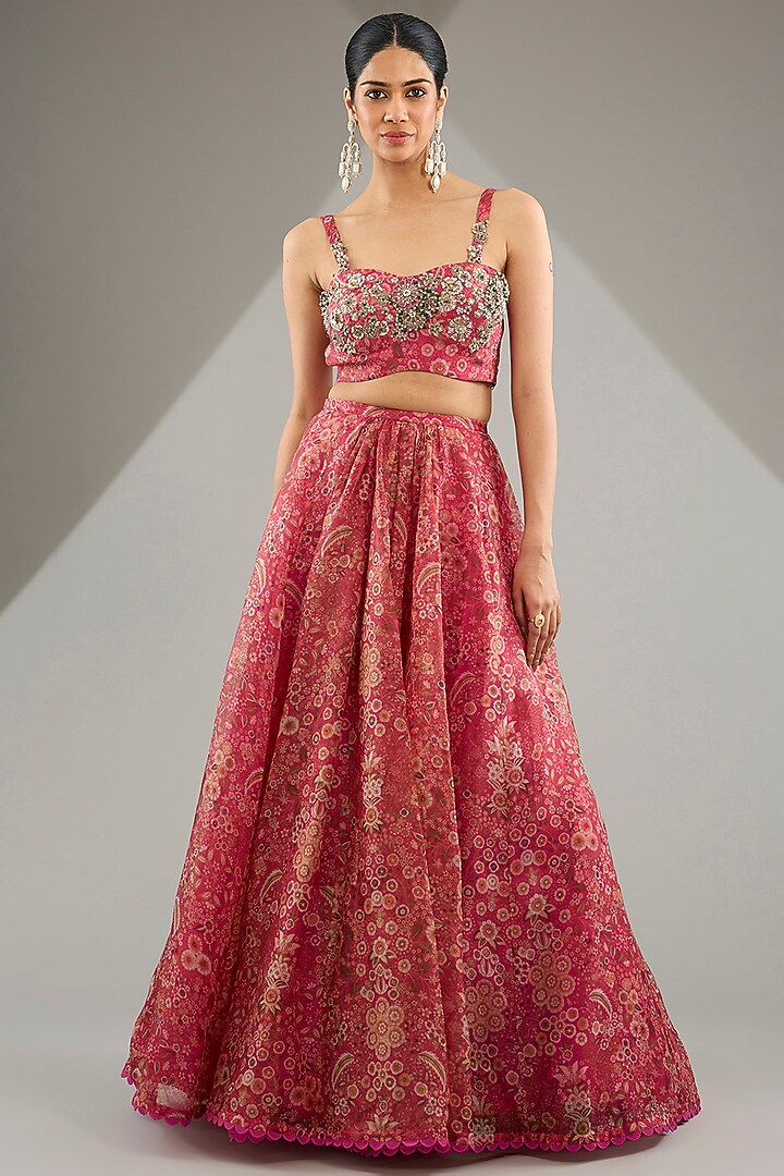 Fuchsia Pink Organza Printed & Embroidered Cape Set by Ridhi Mehra at Pernia's Pop Up Shop