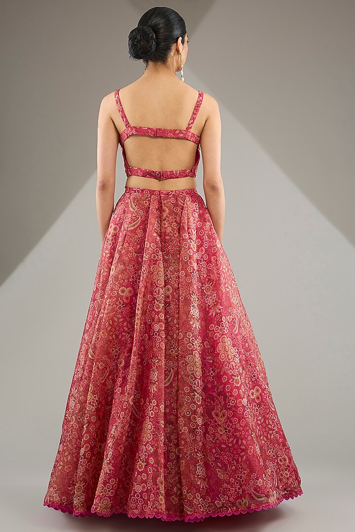 Fuchsia Pink Organza Printed & Embroidered Cape Set by Ridhi Mehra at Pernia's Pop Up Shop