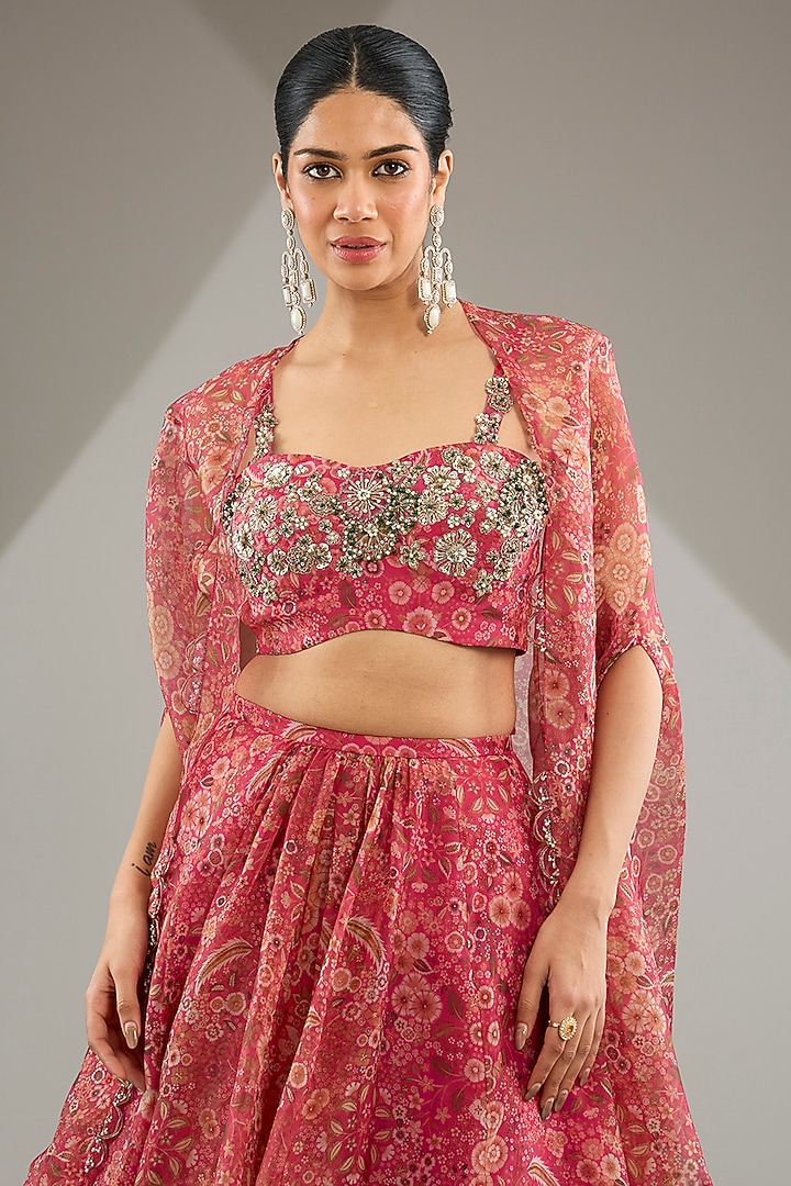 Fuchsia Pink Organza Printed & Embroidered Cape Set by Ridhi Mehra at Pernia's Pop Up Shop