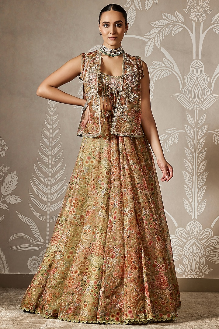 Olive Green Printed Jacket Wedding Lehenga Set by Ridhi Mehra at Pernia's Pop Up Shop