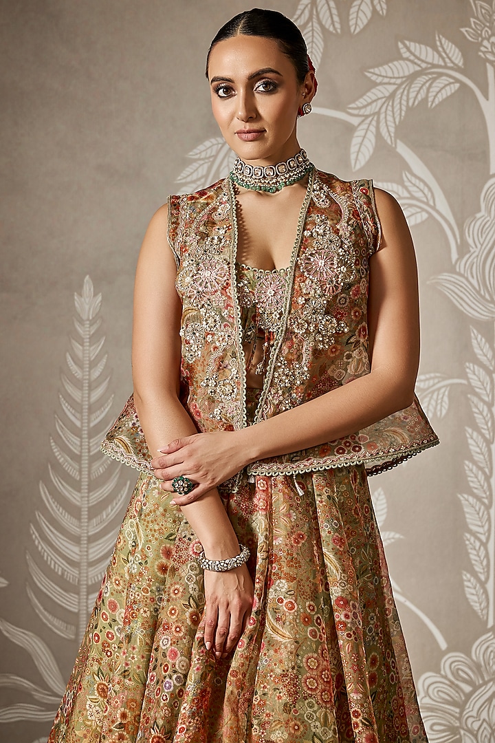 Olive Green Printed Jacket Wedding Lehenga Set by Ridhi Mehra at Pernia's Pop Up Shop