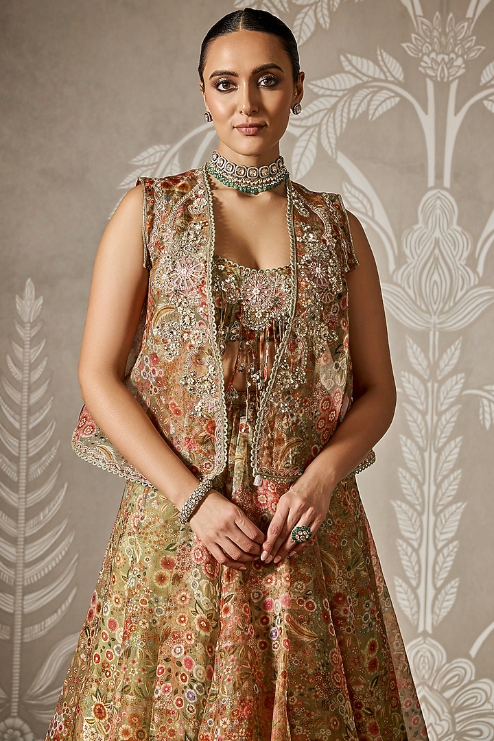 Olive Green Printed Jacket Wedding Lehenga Set by Ridhi Mehra at Pernia's Pop Up Shop