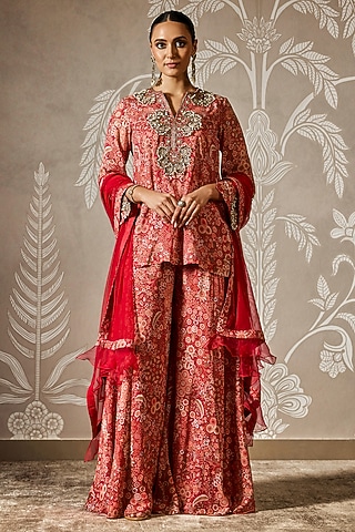 Red Georgette Printed & Embroidered Kurta Set by Ridhi Mehra
