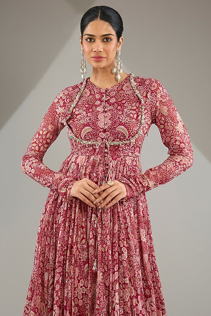 Fuchsia Pink Mulmul Printed & Embroidered Wedding Anarkali Set by Ridhi Mehra at Pernia's Pop Up Shop