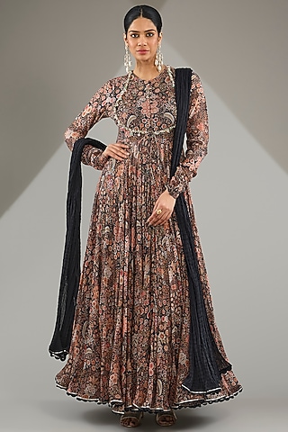 Black Mulmul Printed & Embroidered Anarkali Set by Ridhi Mehra
