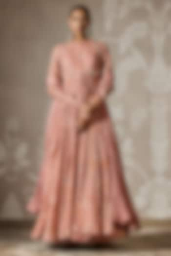 Dusky Pink Mulmul Printed & Embroidered Anarkali Set by Ridhi Mehra at Pernia's Pop Up Shop