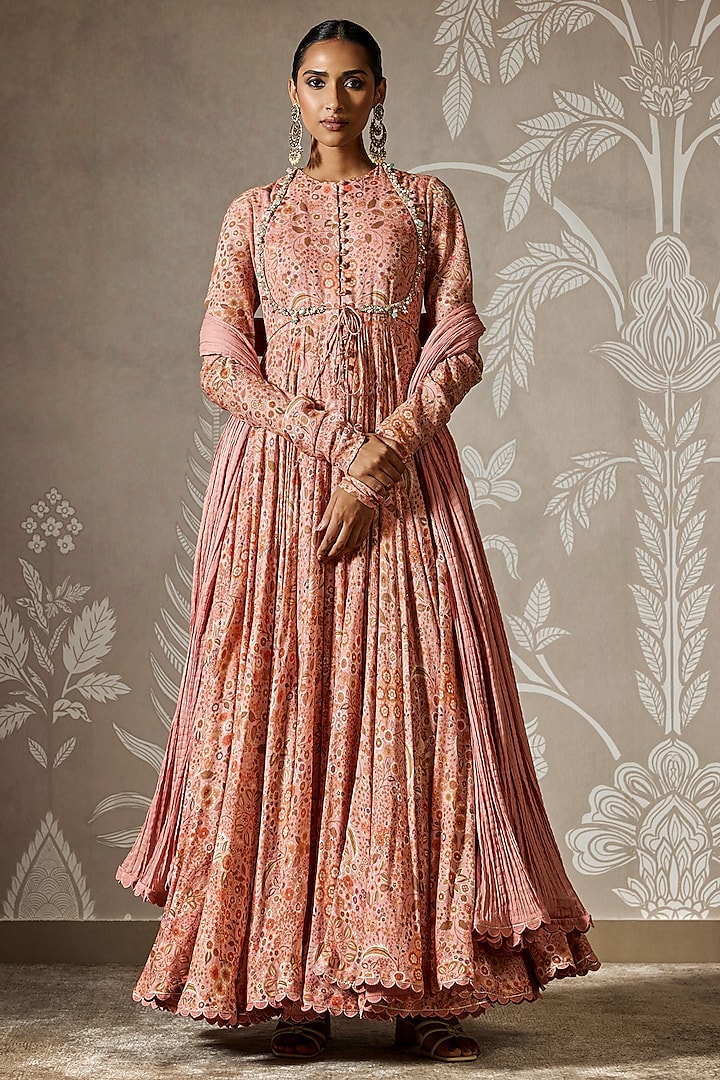 Dusky Pink Mulmul Printed & Embroidered Anarkali Set by Ridhi Mehra at Pernia's Pop Up Shop