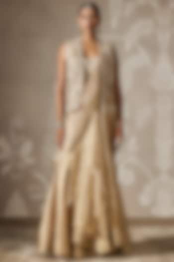 Light Gold Tissue Embroidered Jacket Draped Saree Set by Ridhi Mehra at Pernia's Pop Up Shop