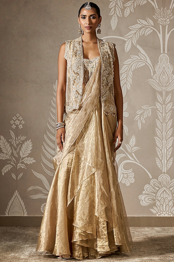 Light Gold Tissue Embroidered Jacket Draped Saree Set by Ridhi Mehra at Pernia's Pop Up Shop