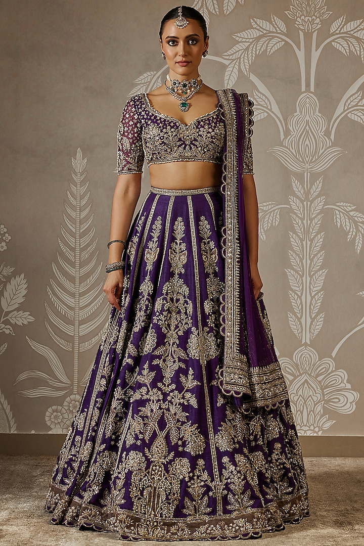 Purple Raw Silk Embroidered Bridal Lehenga Set by Ridhi Mehra at Pernia's Pop Up Shop