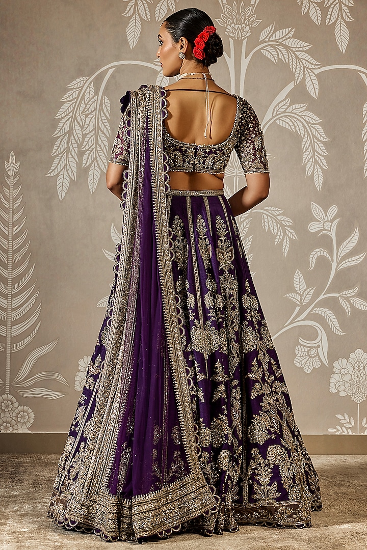 Purple Raw Silk Embroidered Bridal Lehenga Set by Ridhi Mehra at Pernia's Pop Up Shop