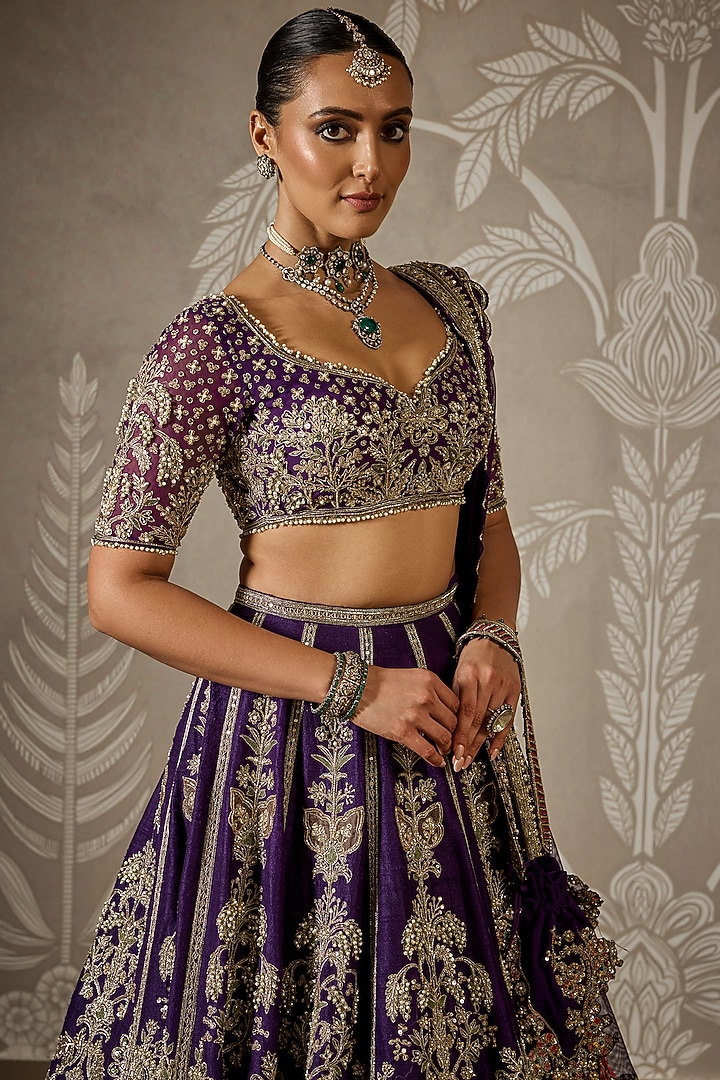 Purple Raw Silk Embroidered Bridal Lehenga Set by Ridhi Mehra at Pernia's Pop Up Shop