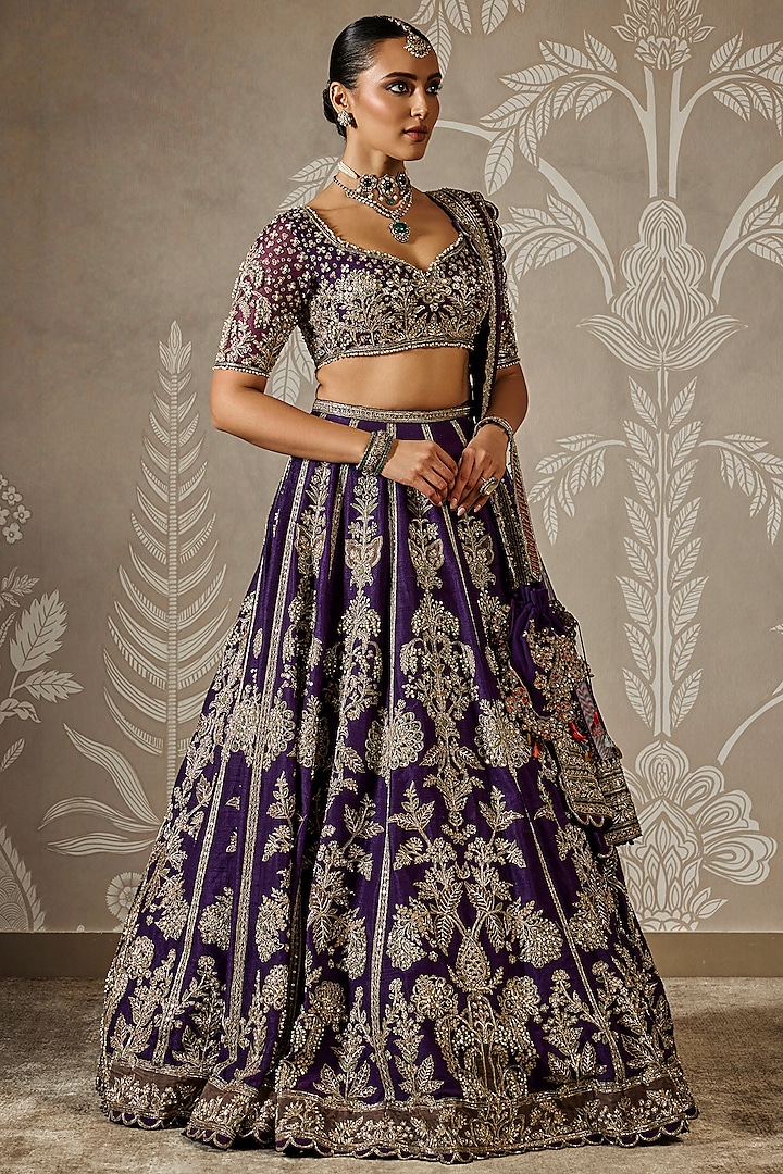 Purple Raw Silk Embroidered Bridal Lehenga Set by Ridhi Mehra at Pernia's Pop Up Shop