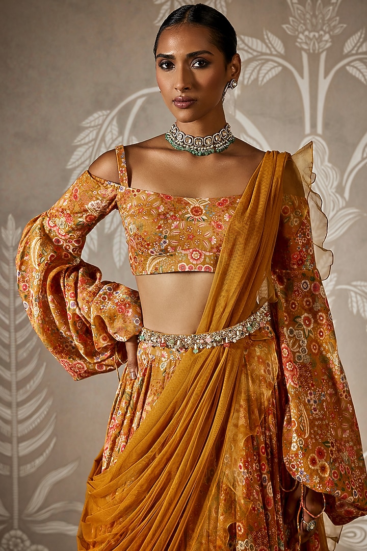 Yellow Mulmul Printed Wedding Lehenga Set by Ridhi Mehra at Pernia's Pop Up Shop