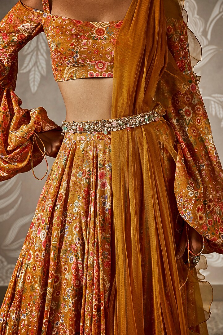Yellow Mulmul Printed Wedding Lehenga Set by Ridhi Mehra at Pernia's Pop Up Shop