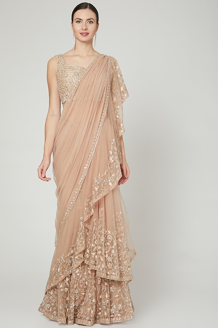 Champagne Net Ruffled & Embroidered Saree Set by Ridhi Mehra