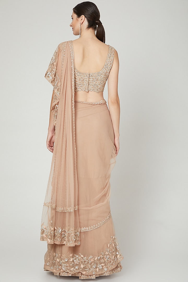 Champagne Net Ruffled & Embroidered Bridal Saree Set by Ridhi Mehra at Pernia's Pop Up Shop