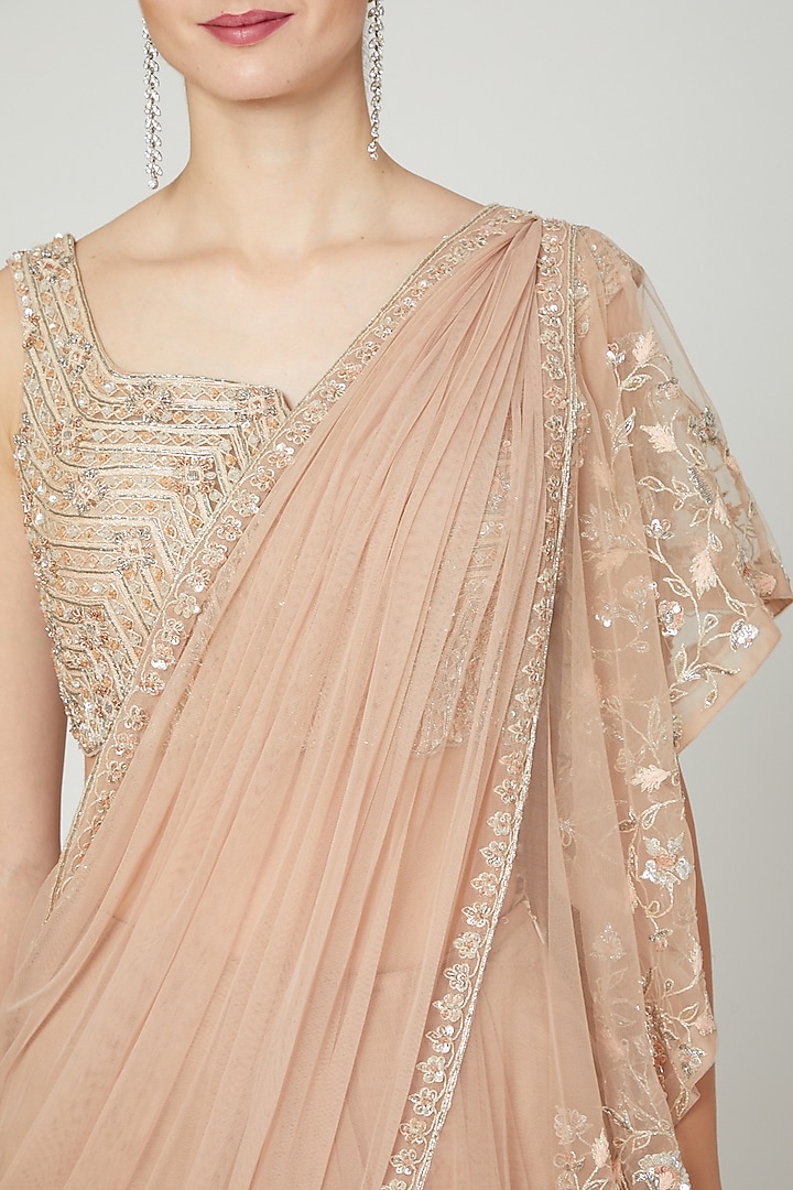 Champagne Net Ruffled & Embroidered Bridal Saree Set by Ridhi Mehra at Pernia's Pop Up Shop