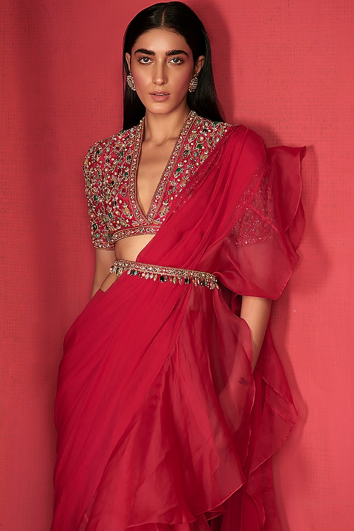 Deep Fuchsia Chiffon & Organza Draped Ruffled Reception Saree Set by Ridhi Mehra at Pernia's Pop Up Shop