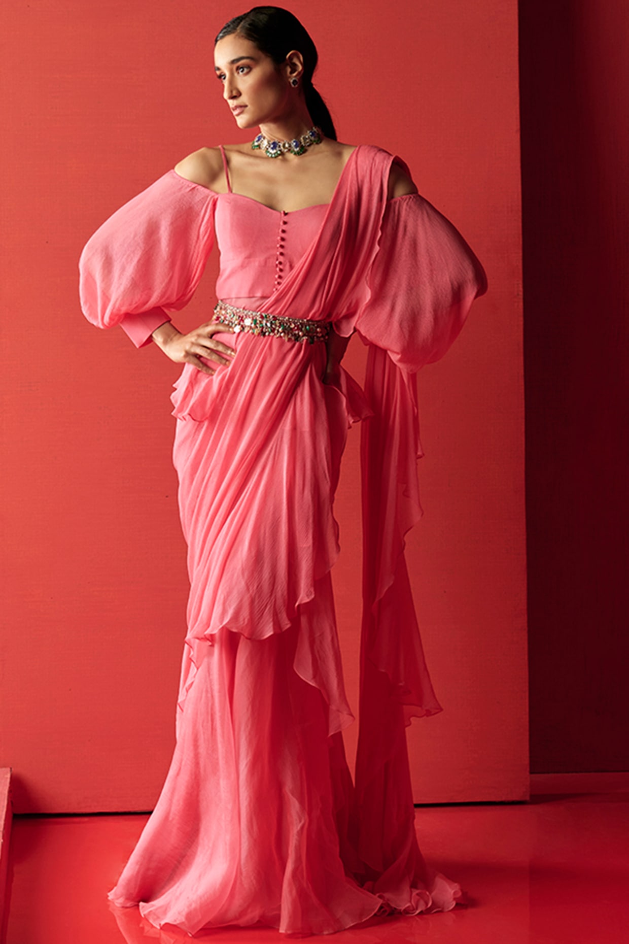 Vintage Rose Embroidered Saree Set With 