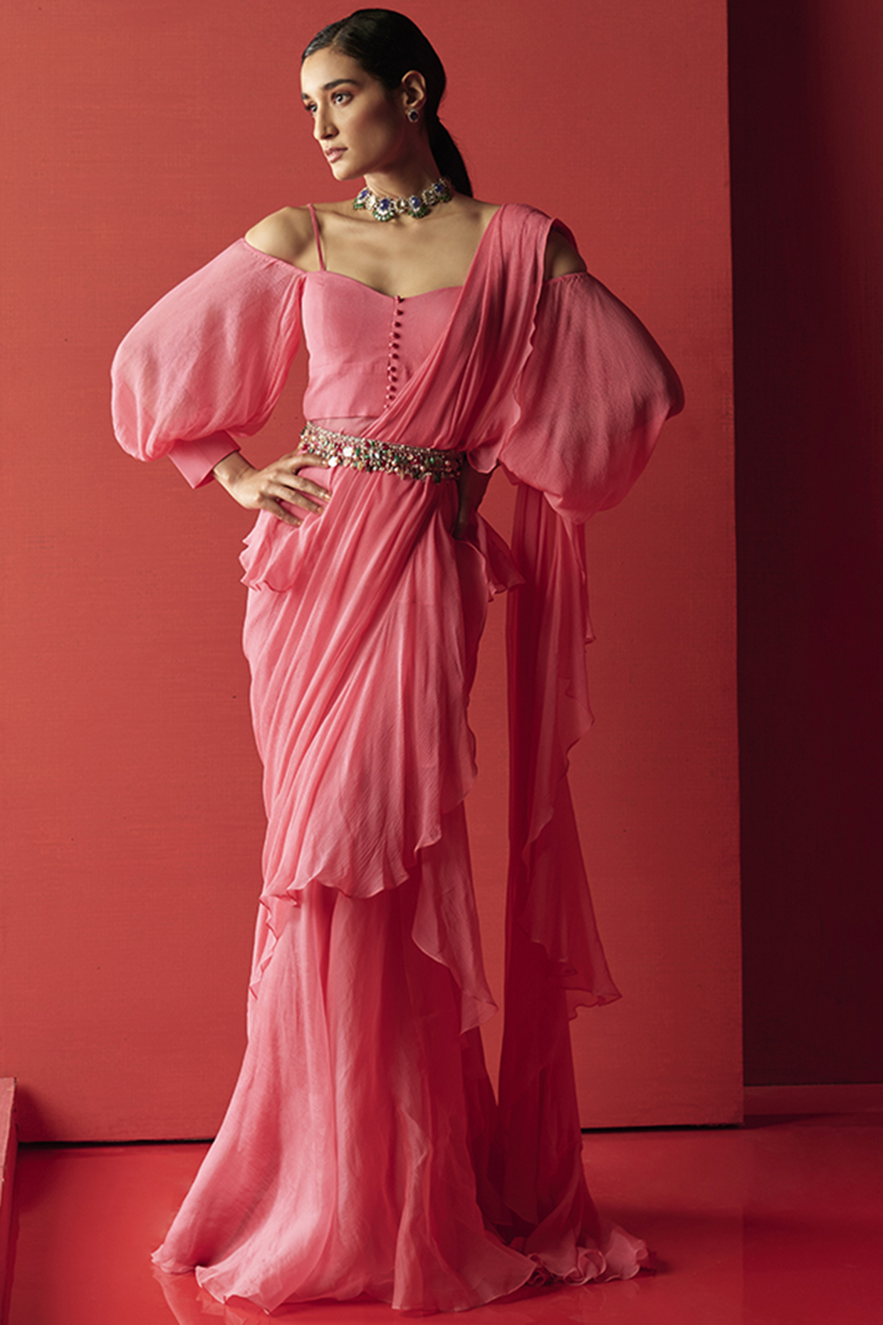 Vintage Rose Embroidered Saree Set With Belt by Ridhi Mehra