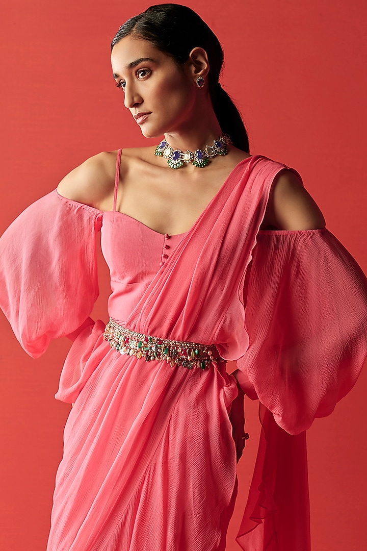 Vintage Rose Embroidered Wedding Saree Set With Belt by Ridhi Mehra at Pernia's Pop Up Shop