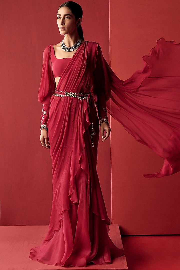 Deep Fuchsia Chiffon Organza Pre-Draped Ruffled Saree Set by Ridhi Mehra