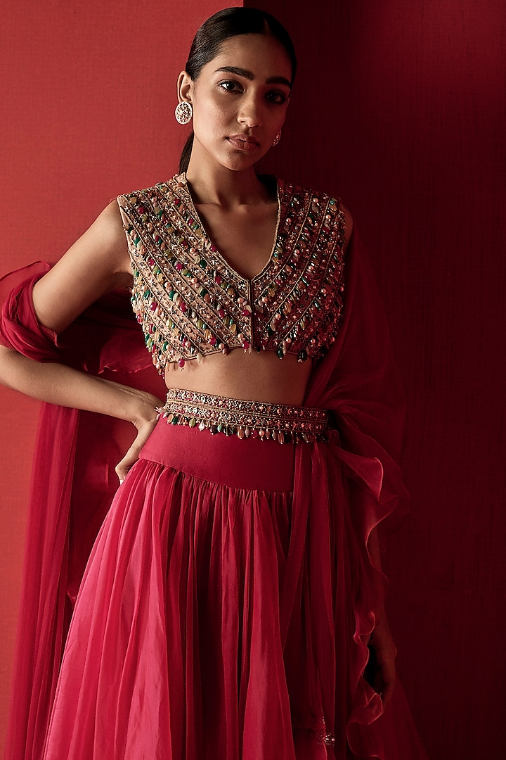 Fuschia Organza Wedding Lehenga Set by Ridhi Mehra at Pernia's Pop Up Shop