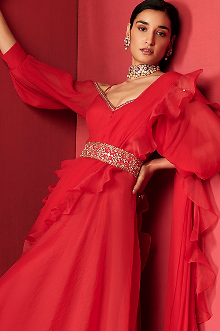 Poppy Red Embroidered Jumpsuit Set by Ridhi Mehra at Pernia's Pop Up Shop