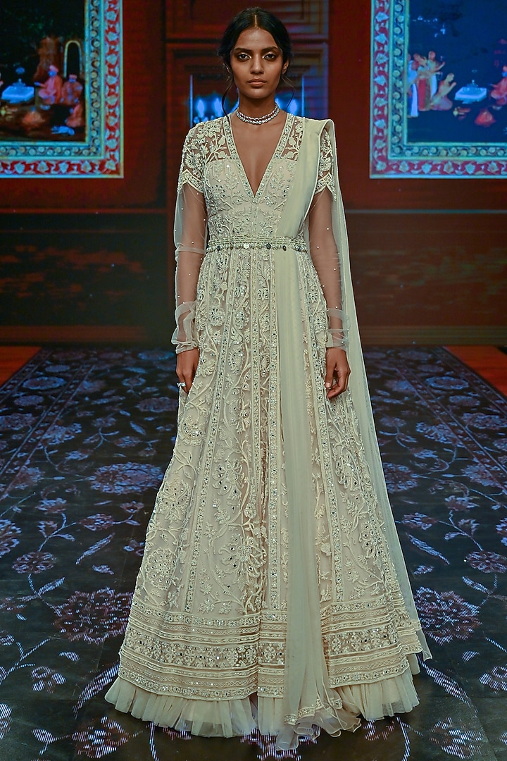 Ivory Embroidered Bridal Anarkali With Belt & Dupatta by Ridhi Mehra at Pernia's Pop Up Shop