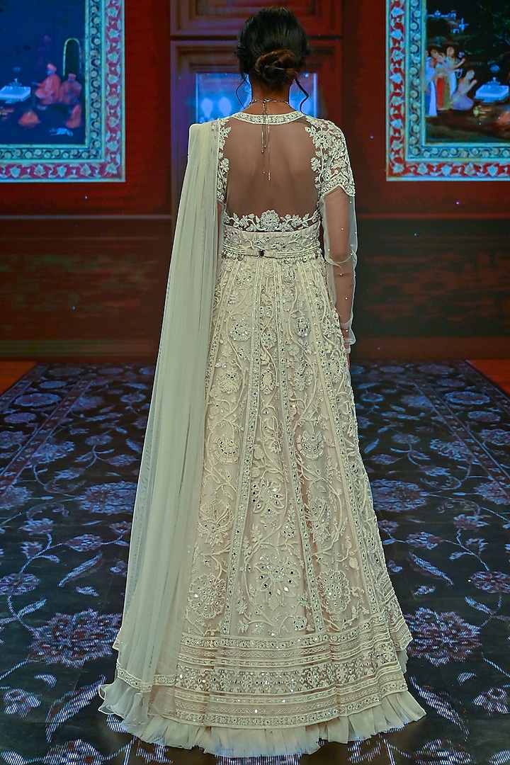 Ivory Embroidered Bridal Anarkali With Belt & Dupatta by Ridhi Mehra at Pernia's Pop Up Shop
