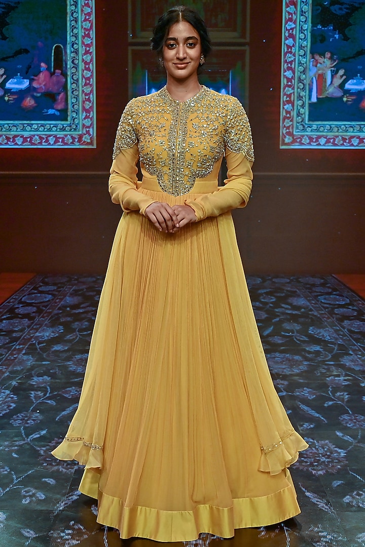 Ochre Yellow Embroidered Anarkali With Dupatta by Ridhi Mehra at Pernia's Pop Up Shop