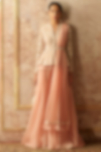 Peach Embroidered Sharara Set With Belt by Ridhi Mehra