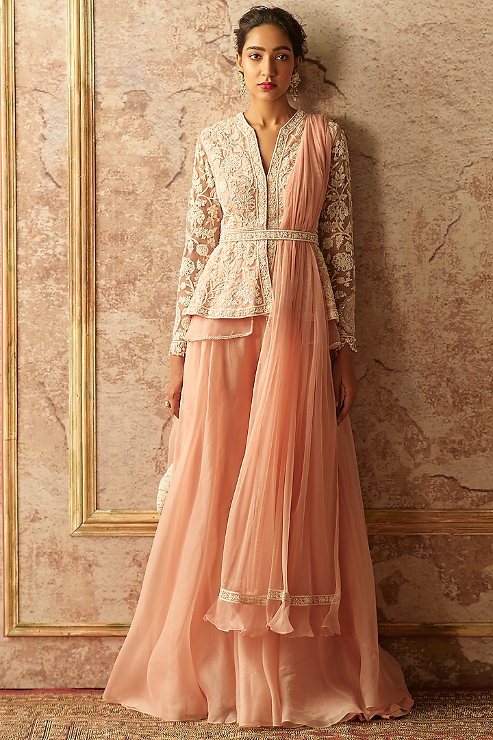Peach Embroidered Sharara Set With Belt by Ridhi Mehra