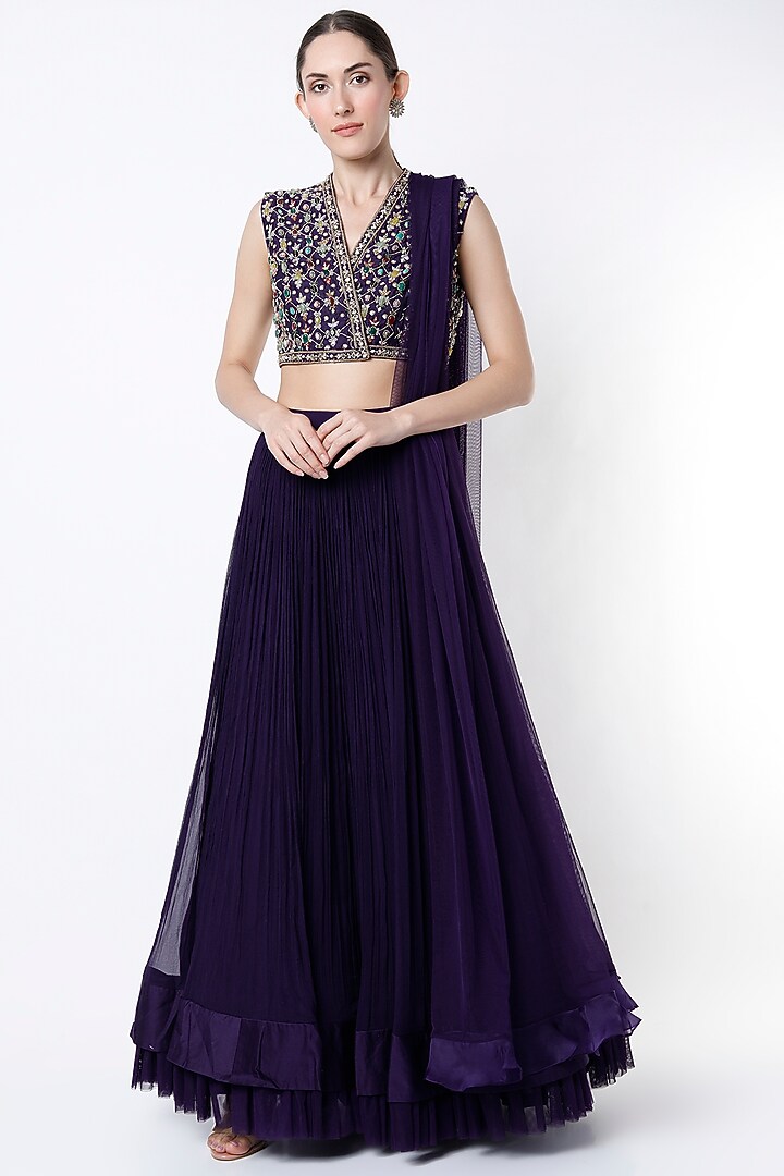 Purple Chiffon Ruched Wedding Lehenga Set by Ridhi Mehra at Pernia's Pop Up Shop